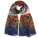 Echarpe en soie 67x180, mousseline de soie Brassée de Fleurs de l’Artiste Alain Thomas – Bleu Marine