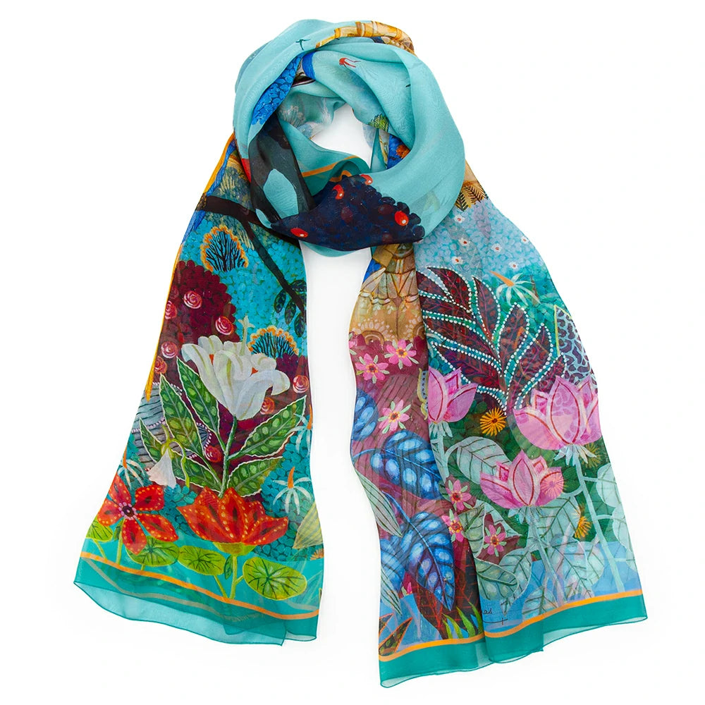 Echarpe en soie 67x180, mousseline de soie imprimée Ara du Mexique