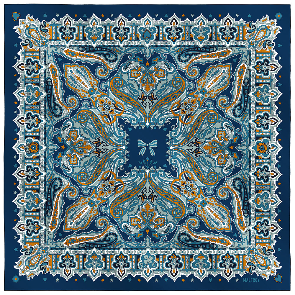 Carré de soie 67, twill de soie imprimé Cachemire - Bleu - Boutique en ligne SHOP MALFROY