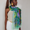 Echarpe en soie 43x140, mousseline de soie Fleurs, de l’artiste Caroline Romain Desfossés – Vert