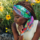 Echarpe en soie 67x180, mousseline de soie Fleurs de l’Artiste Caroline Romain Desfossés – Turquoise