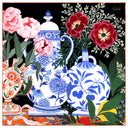 Carré de soie 90, Porcelaines et pivoines de l'artiste Lil Sire- Orange