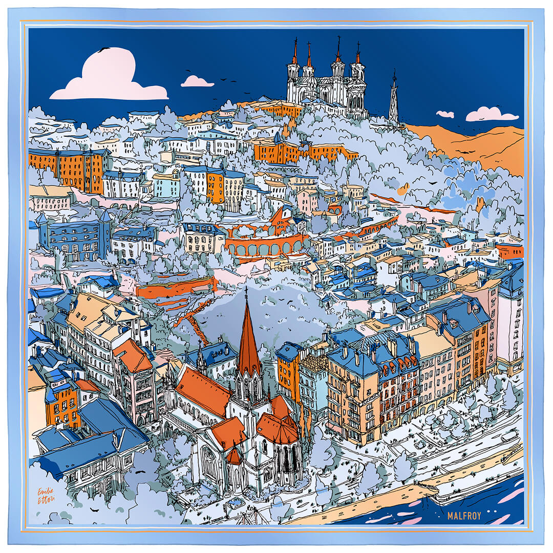 Carré de soie 67, St Georges de l'artiste Emilie Ettori - Bleu Orange - Boutique en ligne SHOP MALFROY