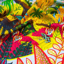 Carré de soie 90, Quetzal au jardin d’Eden de l’artiste Alain Thomas – Bleu