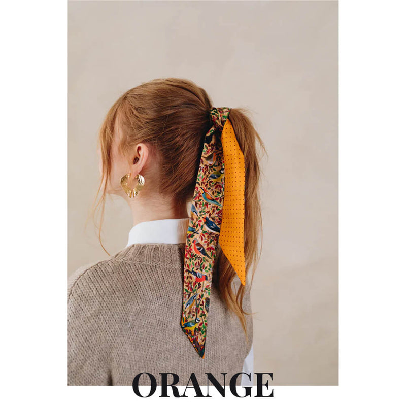 Silk Headband 6x86, L'arbre aux Oiseaux by Artist Victoria Ball – Orange