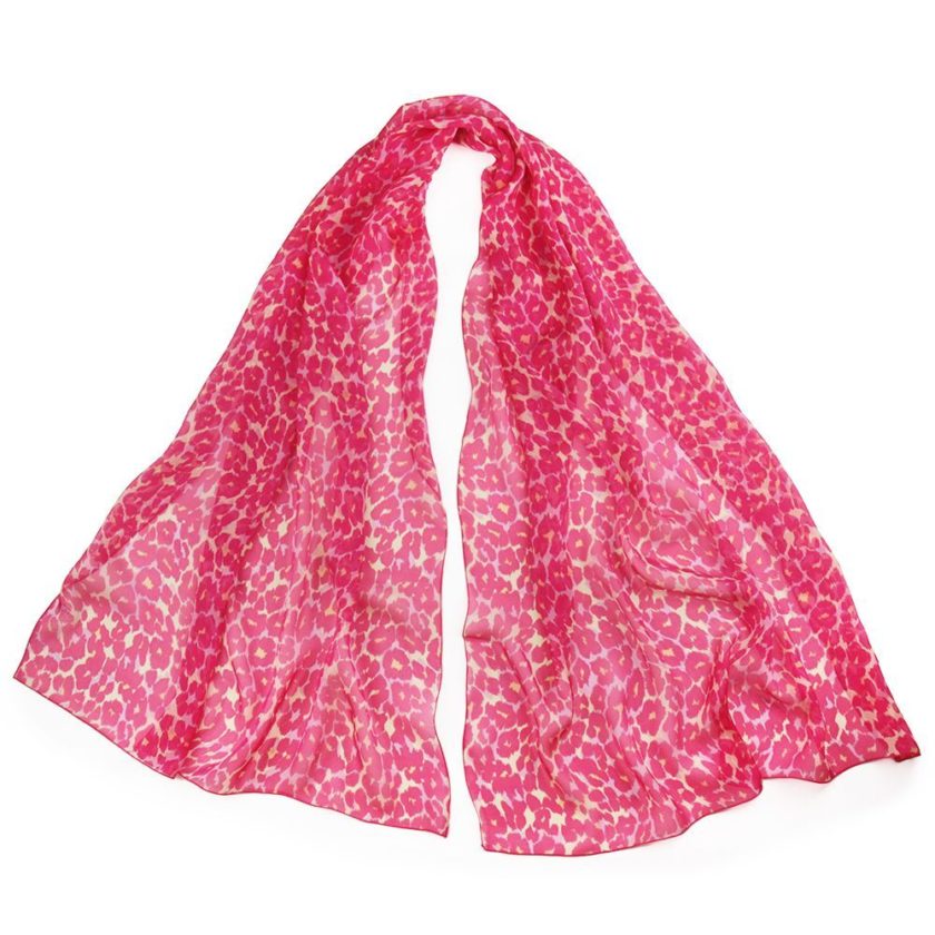 Echarpe en soie 67x180, mousseline de soie imprimée Léopard col 14 fuchsia