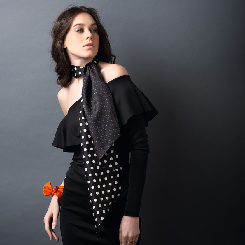 Twilly en twill de soie imprimé Gros et mini Pois col 5 Noir