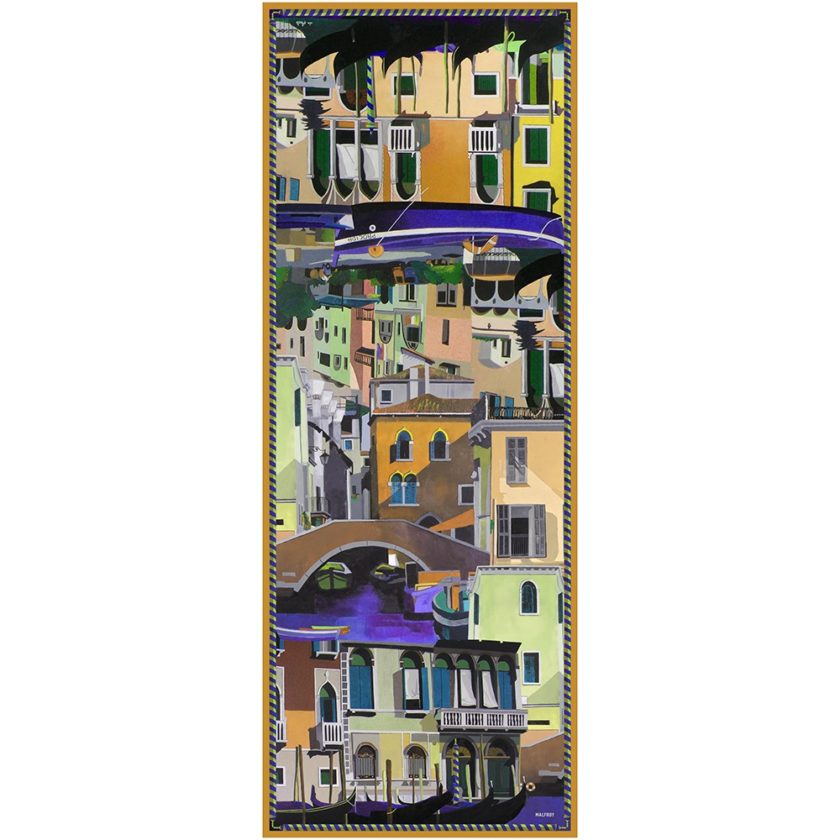 Echarpe en laine et soie 67x180 imprimée Canal de Venise de l'artiste Anne du Planty col 3 moutarde