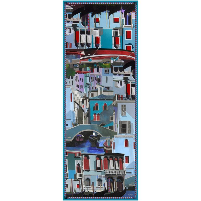 Echarpe en laine et soie 67x180 imprimée Canal de Venise de l'artiste Anne du Planty col 4 bleu