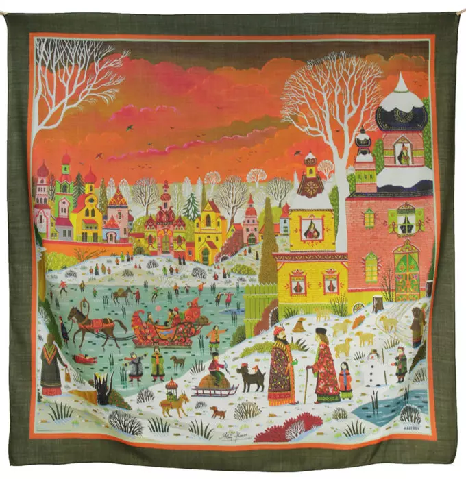 Châle en laine et soie imprimée Village Slave de l'Artiste Alain Thomas col 2 kaki