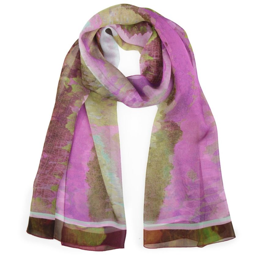 Echarpe en soie, mousseline de soie imprimée Déferlante de l'Artiste Thuy col 3 taupe fuchsia