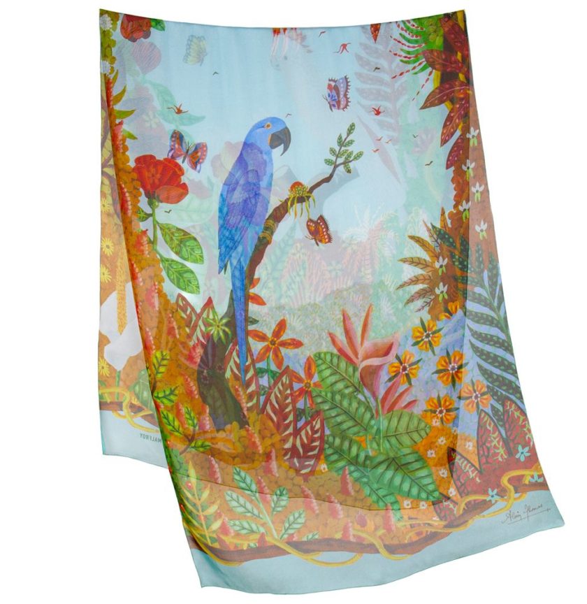 Echarpe en soie 67x180, mousseline de soie imprimée Ara et Cacatoès de l'Artiste Alain Thomas Col 2 vert d'eau