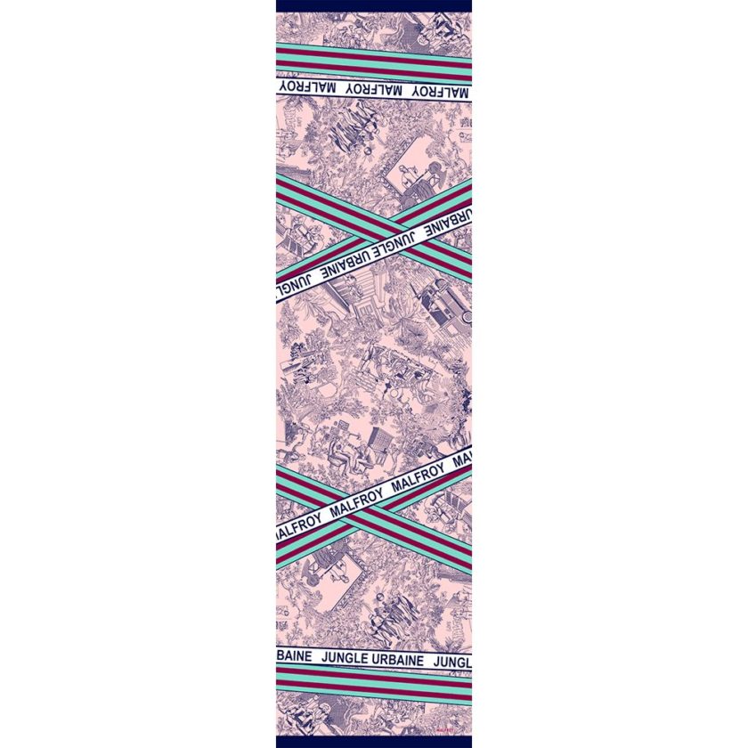 Echarpe en Laine et Soie imprimée Gravures col 1 bleu rose