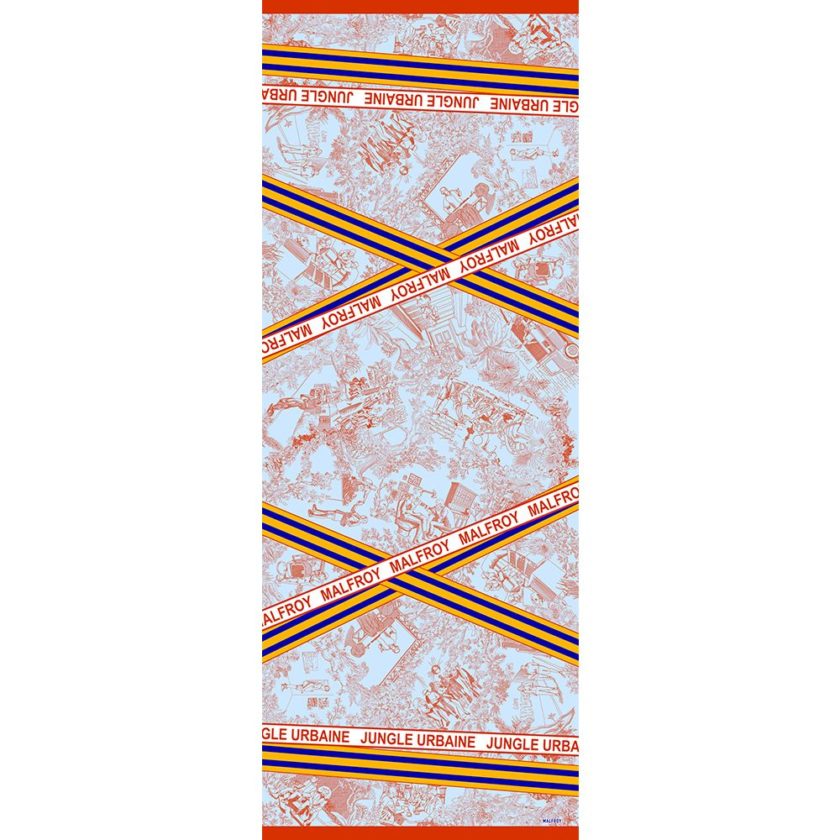 Echarpe en laine et soie 67x180 Toile de Jouy col 6 orange ciel