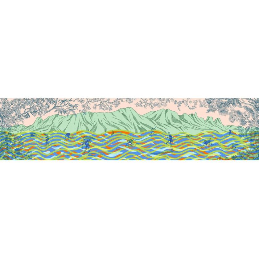 Echarpe en soie, Pongé de Soie imprimé La Baie des Surfeurs col 4 Abricot Vert