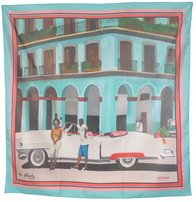 Carré de soie 67, Pongé de soie imprimé Cadillac de l'Artiste Anne du Planty col 1 turquoise