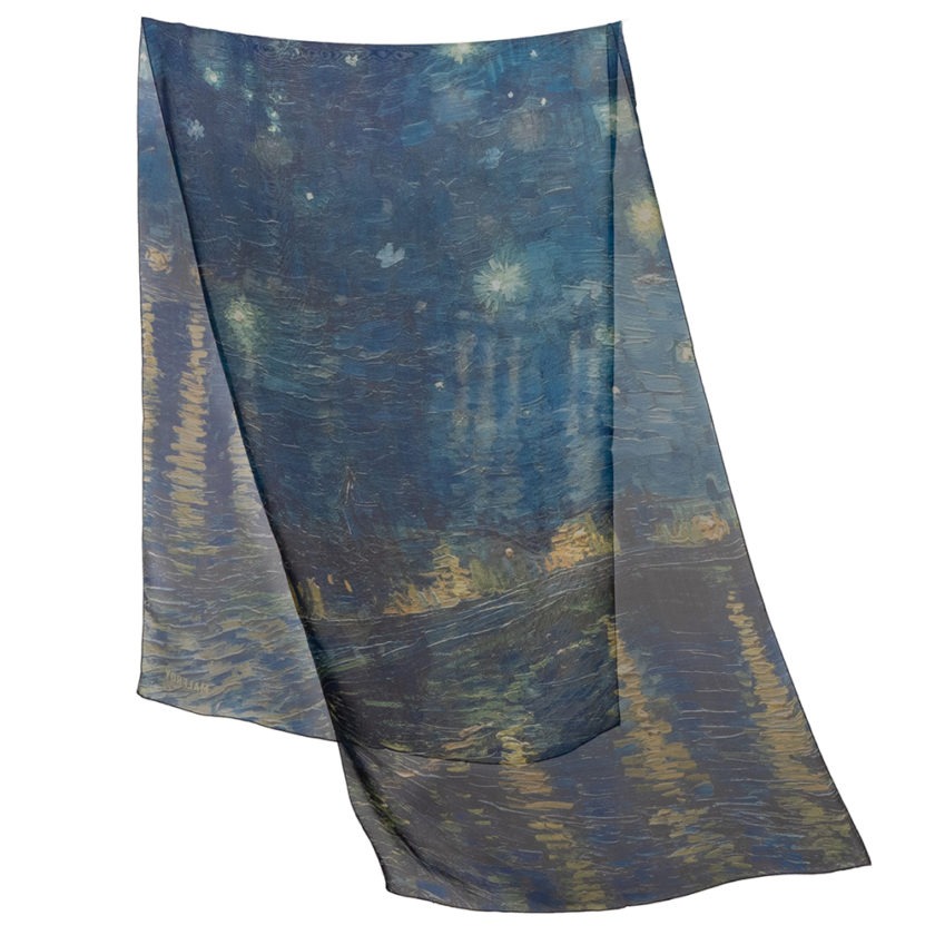 Echarpe en soie 43x140, mousseline de soie imprimée Van Gogh, Nuit étoilé - Bleu