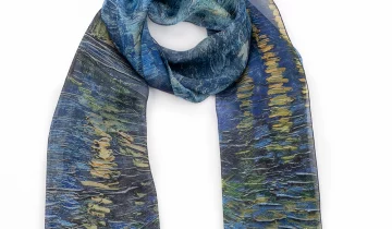 Echarpe en soie 43×140, mousseline de soie imprimée Van Gogh, Nuit étoilé – Bleu