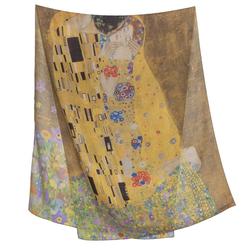 Echarpe en laine et soie 67x180 imprimée Klimt, le baiser - Or