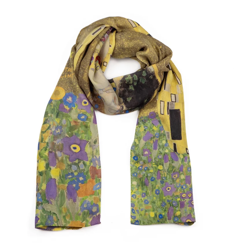 Echarpe en laine et soie 67x180 imprimée Klimt, le baiser - Or