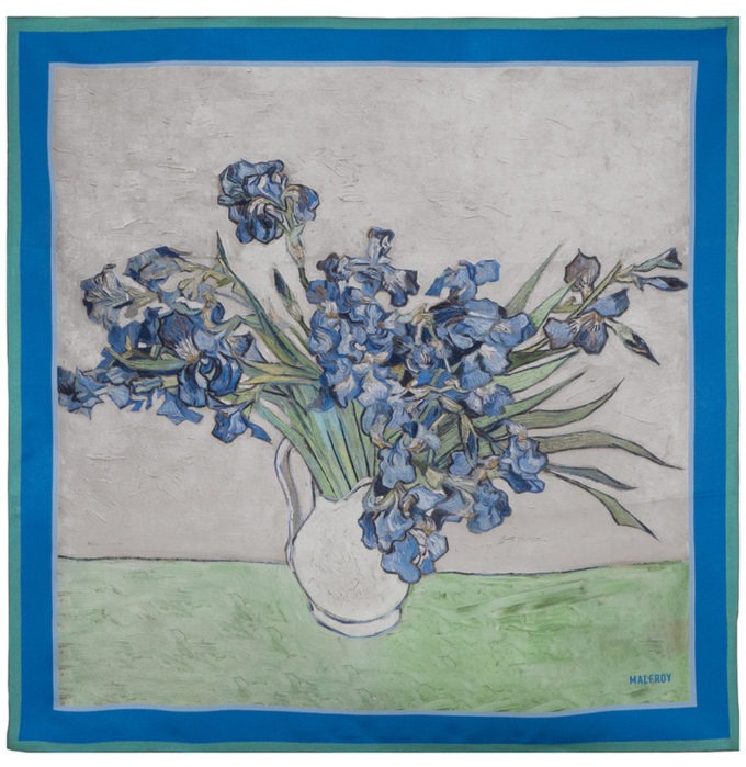 Carré de soie 67, twill de Soie imprimé Van Gogh, Iris col 1 Bleu