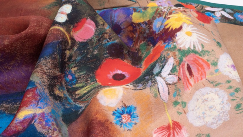 Carré de soie 67, twill de Soie imprimé Odilon Redon, Bouquets - Bleu