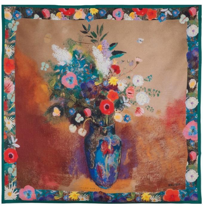 Carré de soie 67, twill de Soie imprimé Odilon Redon, Bouquets - Bleu