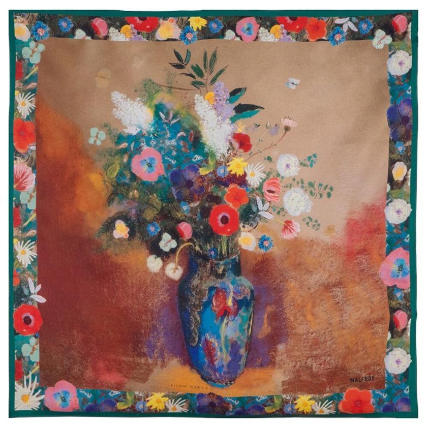 Carré de soie 67, twill de Soie imprimé Odilon Redon, Bouquets - Bleu