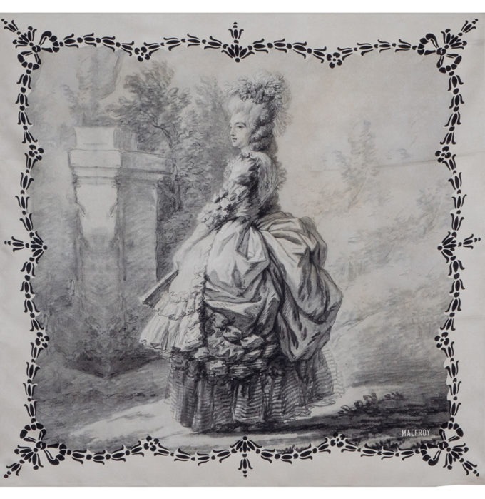 Carré de soie 67, twill de Soie imprimé Vigée le Brun, Marie Antoinette col 1 Noir