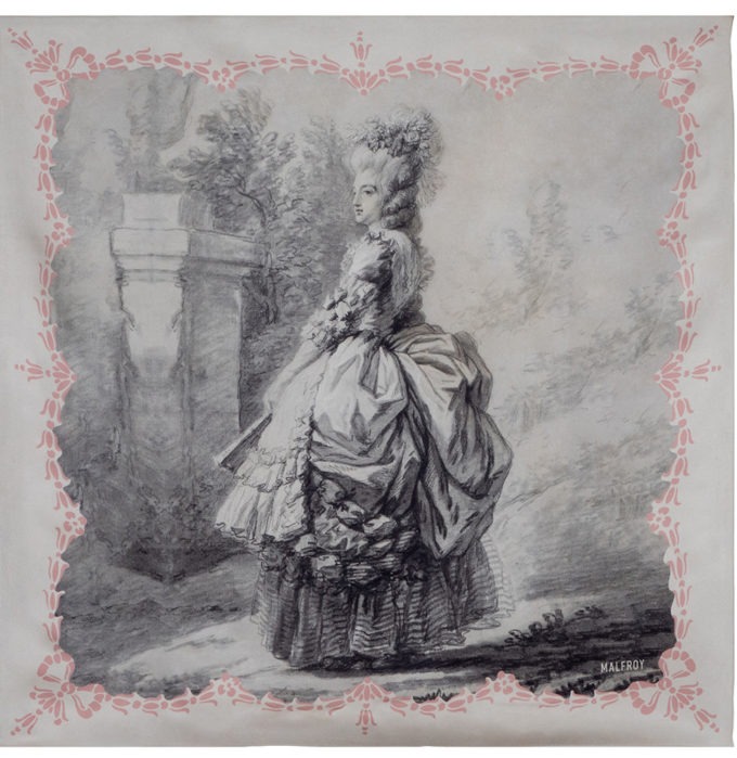 Carré de soie 67, twill de Soie imprimé Vigée le Brun, Marie Antoinette - Rose