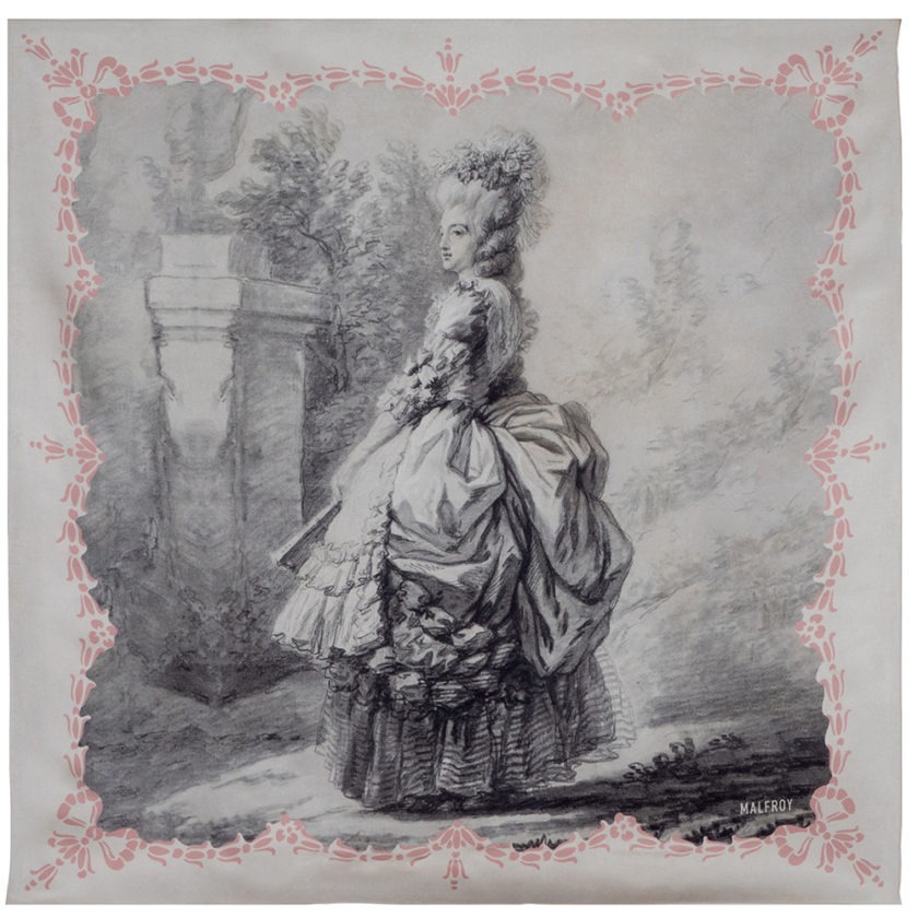 Carré de soie 67, twill de Soie imprimé Vigée le Brun, Marie Antoinette - Rose