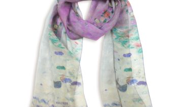 Echarpe en soie 43×160, mousseline de soie imprimée Klimt Mada Primavési – Parme