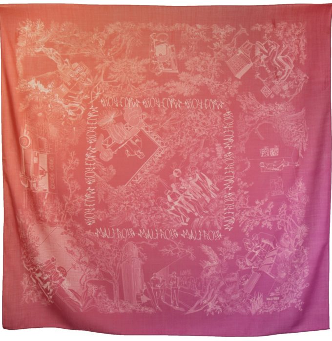 Carré en laine et soie 120 imprimée Modern Jouy col 2 orange fuchsia