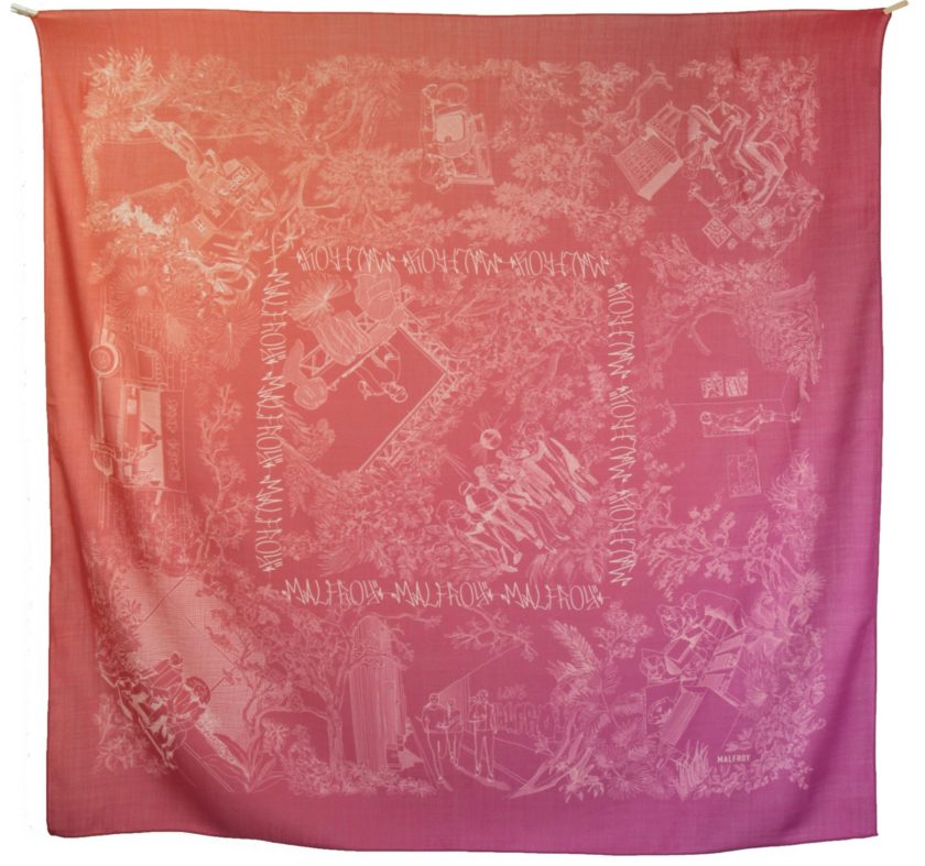 Carré en laine et soie 120 imprimée Modern Jouy col 2 orange fuchsia