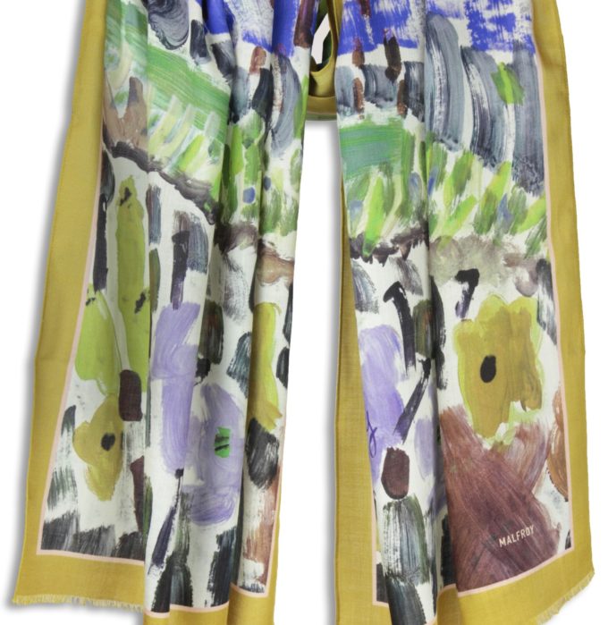 Echarpe en laine et soie 67x180 imprimée Grand Jardin de l’artiste Thuy col 4 moutarde
