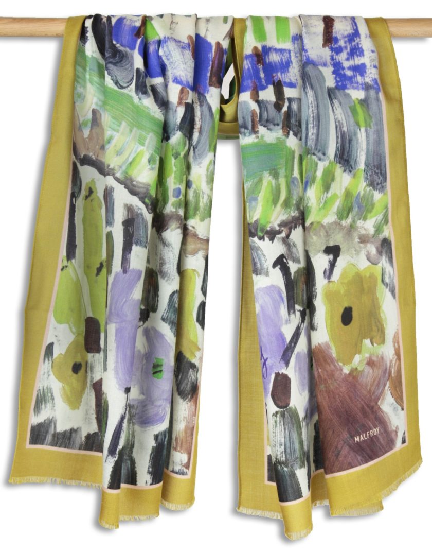 Echarpe en laine et soie 67x180 imprimée Grand Jardin de l’artiste Thuy col 4 moutarde