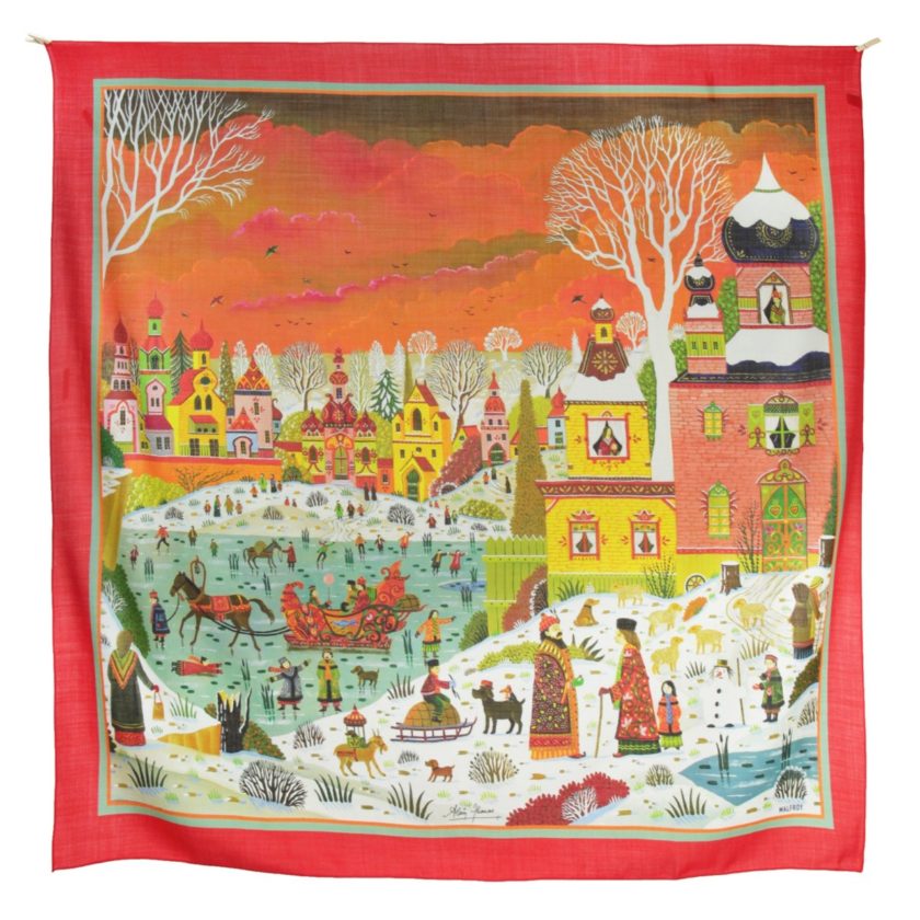 Carré en laine et soie 120 imprimée Village Slave de l'Artiste Alain Thomas col 1 orange