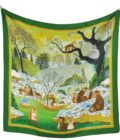 Carré de soie 67, Twill de soie imprimé Macaques du Japon de l'Artiste Alain Thomas col 1 vert
