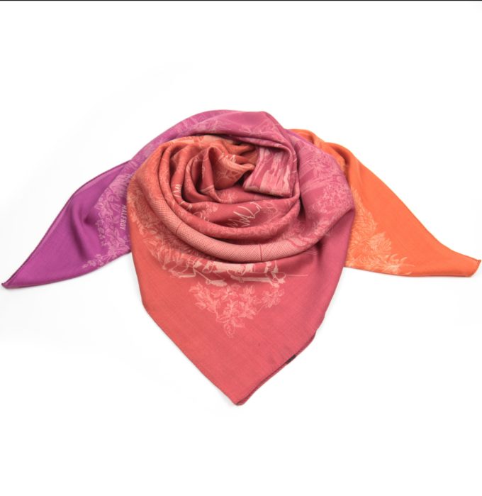 Carré en laine et soie 120 imprimée Modern Jouy col 2 orange fuchsia