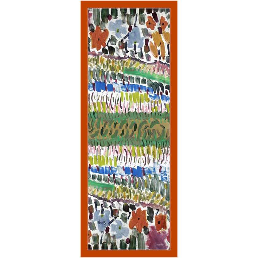 Echarpe en laine et soie 67x180 imprimée Grand Jardin de l’artiste Thuy col 2 orange
