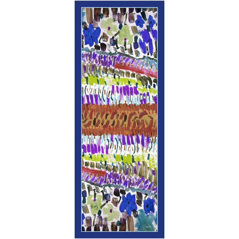 Echarpe en laine et soie 67x180 imprimée Grand Jardin de l’artiste Thuy col 3 bleu