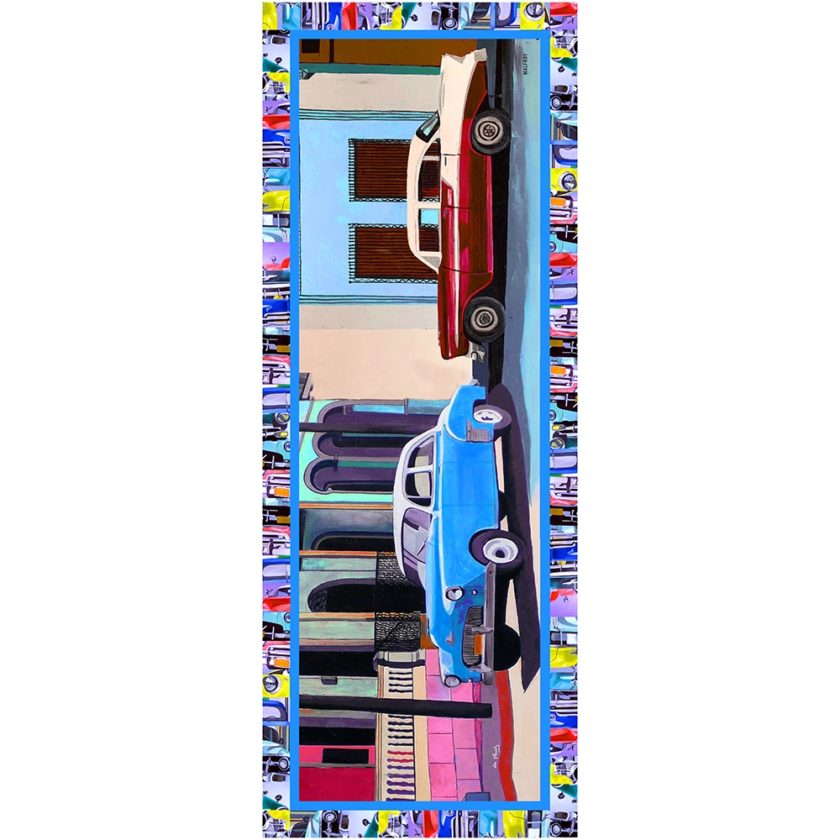 Echarpe en laine et soie 67x180 imprimée Carros Americanos de l'artiste Anne du Planty col 1 bleu
