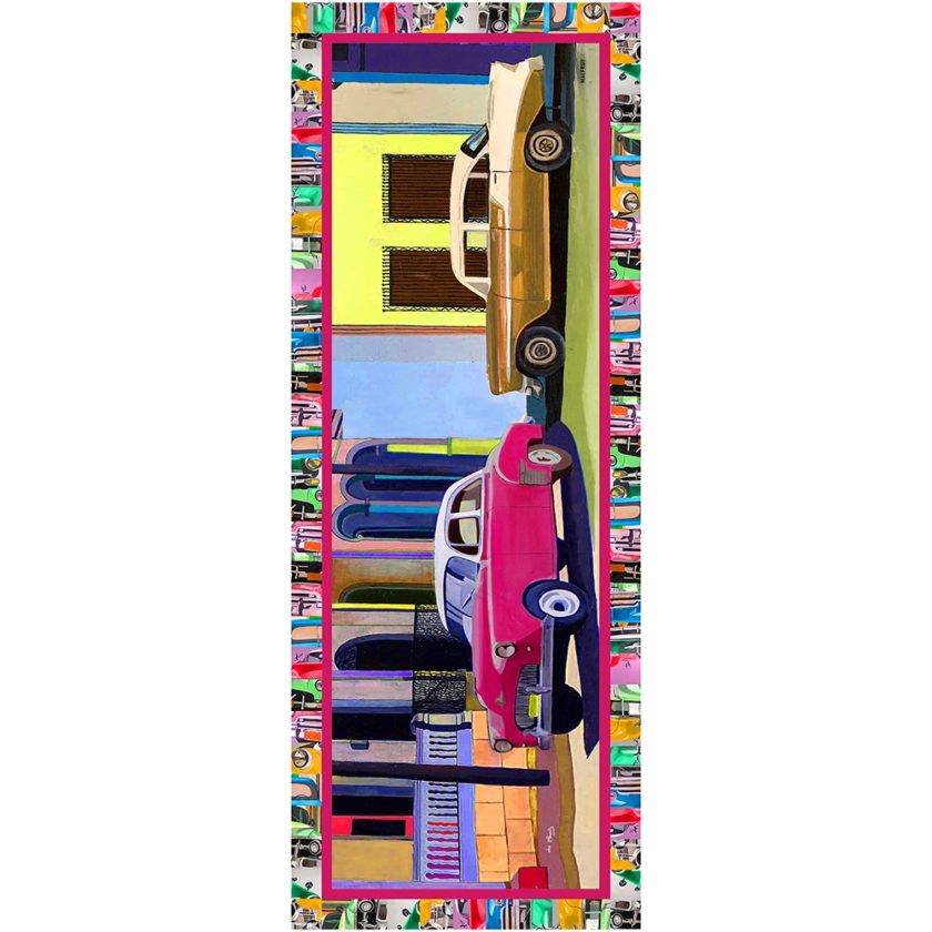 Echarpe en laine et soie 67x180 imprimée Carros Americanos de l'artiste Anne du Planty col 3 fuchsia