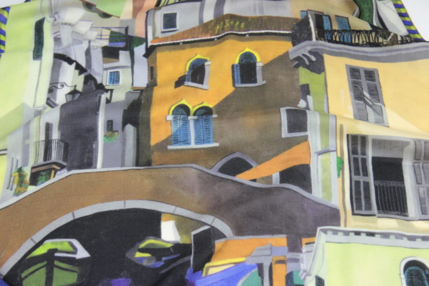 Echarpe en laine et soie 67x180 imprimée Canal de Venise de l'artiste Anne du Planty col 3 moutarde