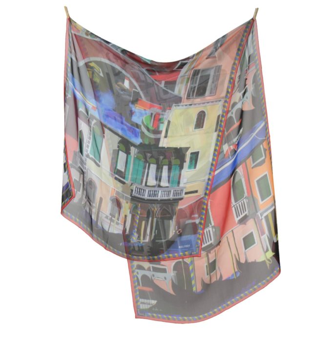 Echarpe en soie 67x180, mousseline de soie imprimée Les Gondoles de l'artiste Anne du Planty col 1 rouge