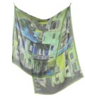 Echarpe en soie 67x180, mousseline de soie imprimée Les Gondoles de l'artiste Anne du Planty col 2 vert
