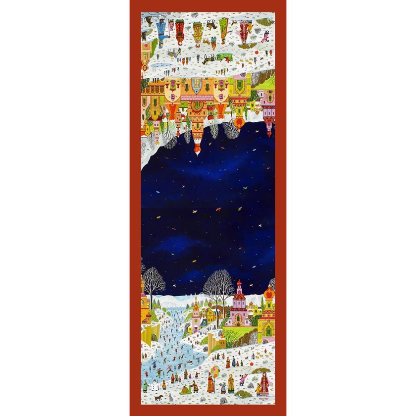 Echarpe en laine et soie 67x180 imprimée Paysage Slave de l'Artiste Alain Thomas col 2 orange