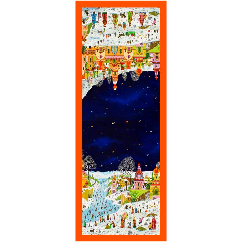 Echarpe en soie 67x180, mousseline de soie imprimée Paysages Slaves de l'Artiste Alain Thomas col 3 orange