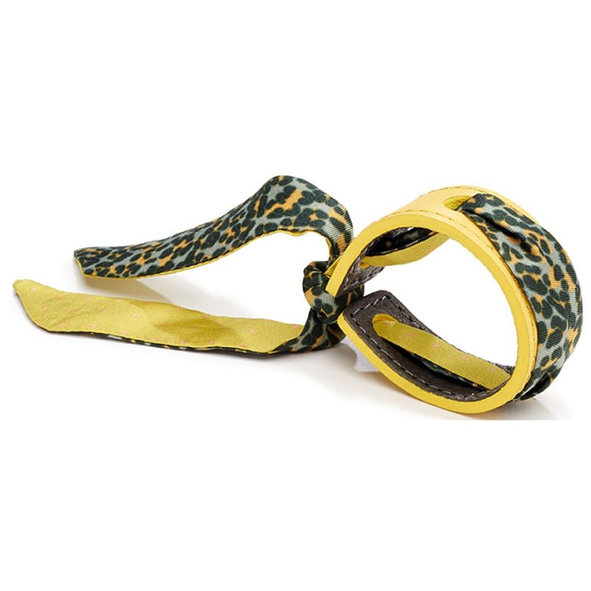 Bracelet Cuir et Lien en Twill de soie imprimé Nano Fauve et Pois col 3 vert jaune