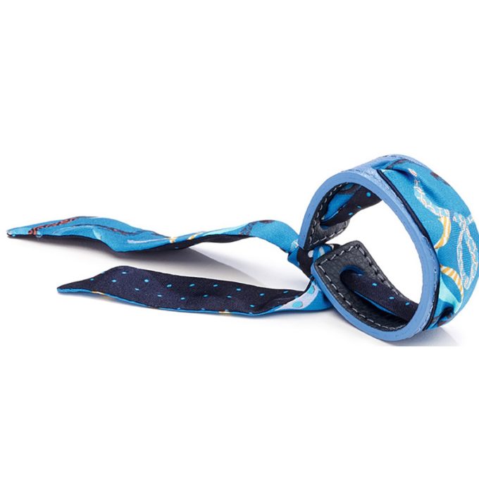 Bracelet Cuir et Lien en Twill de soie imprimé Lien rubans et Pois col 2 bleu ciel